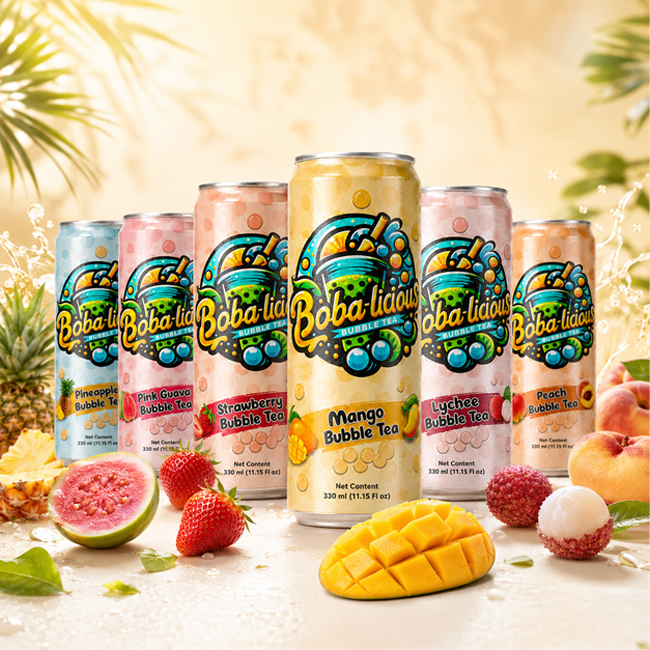 Bobalicious 330ml canned bubble tea range with pineapple, pink guava, strawberry, mango, lychee and peach flavours displayed with fresh fruits.